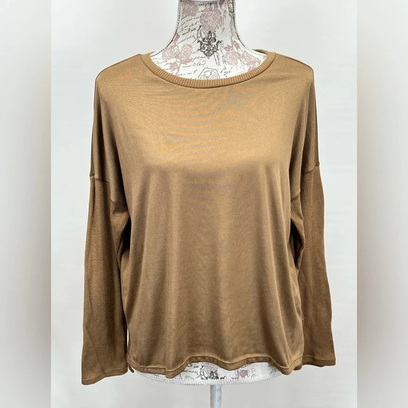 JOYSPUN Medium brown ribbed sleeve crew neck pullover size M.‎ - Picture 1 of 12